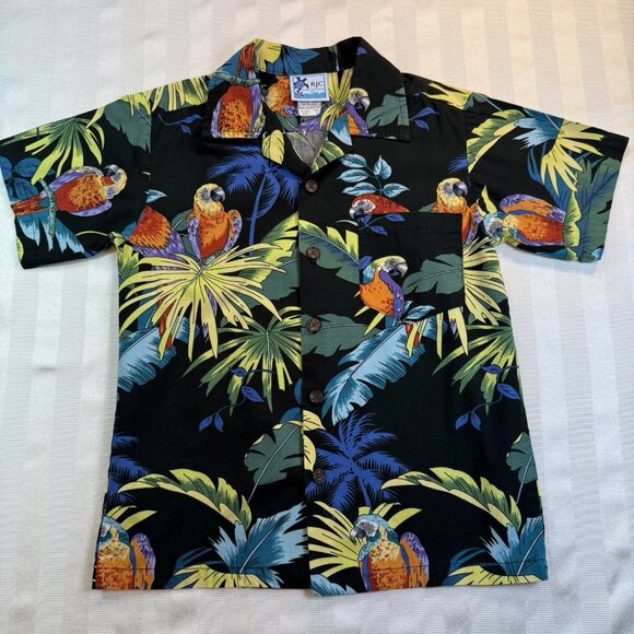 Vintage RJC Parrot Print YOUTH Sz 8 Button Up Hawaiian Tropical Shirt Made USA - Picture 3 of 11